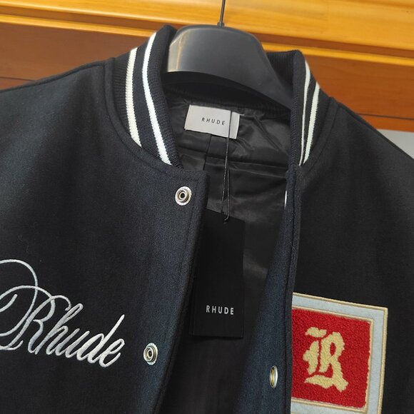 Rhude Embroidered Panel Leather Sleeve Casual Baseball Jacket - Picture 12 of 14